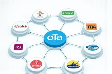 Connecting multiple online travel agency logos including Booking.com, Expedia, Airbnb