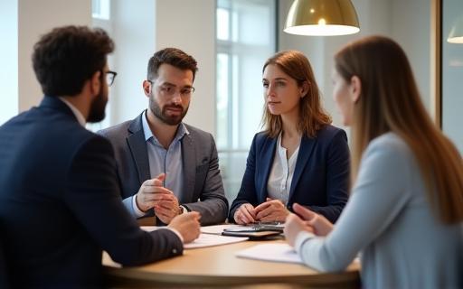 Professional team discussing hospitality technology solutions in a modern office